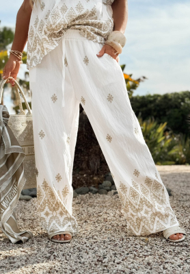 Wide-leg Stoffhosen mit Muster Summer Palms Wei&szlig;