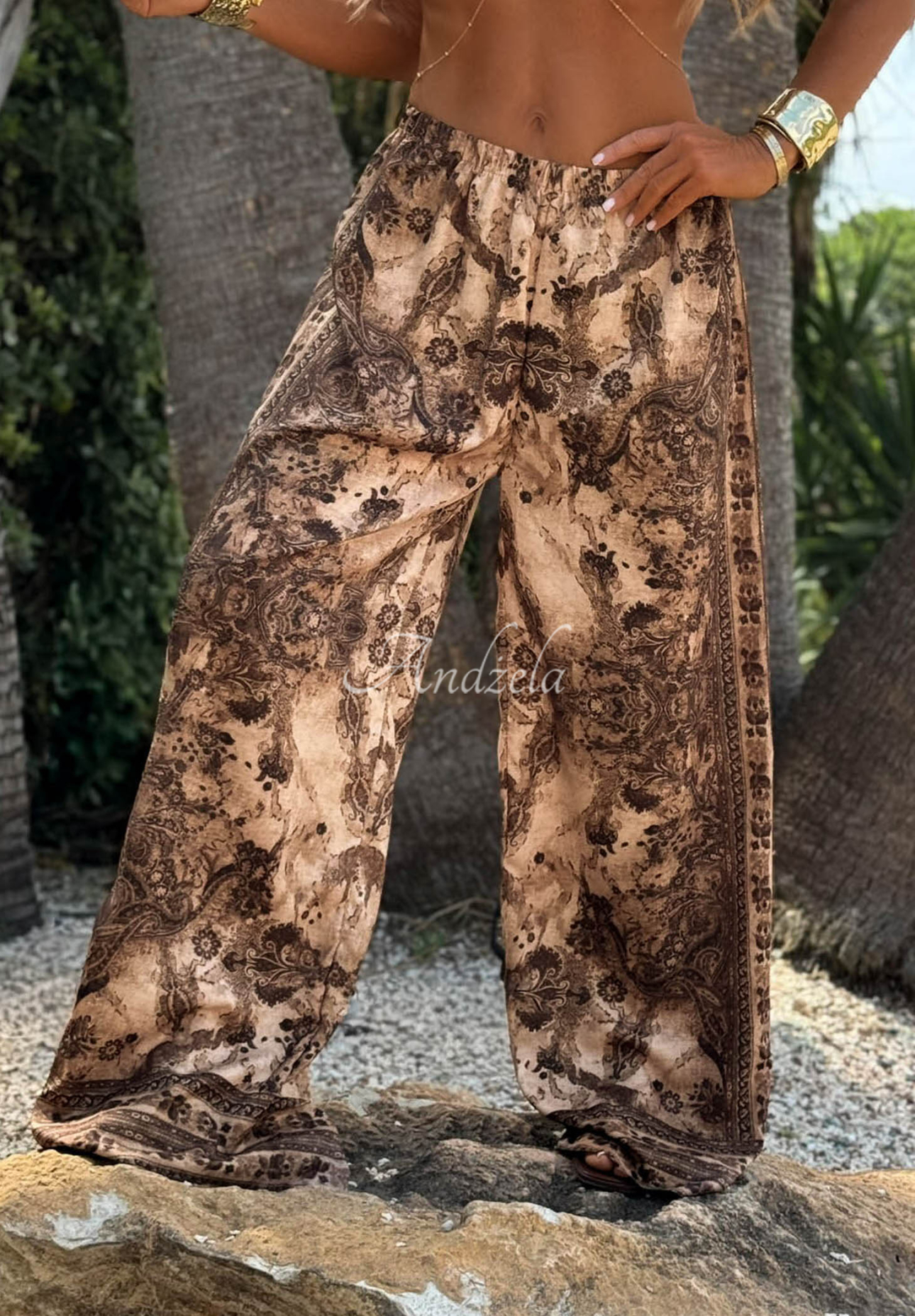Set aus Viskose Hemd und Hose wide leg Sunny Cocoa beige-schokoladenbraun