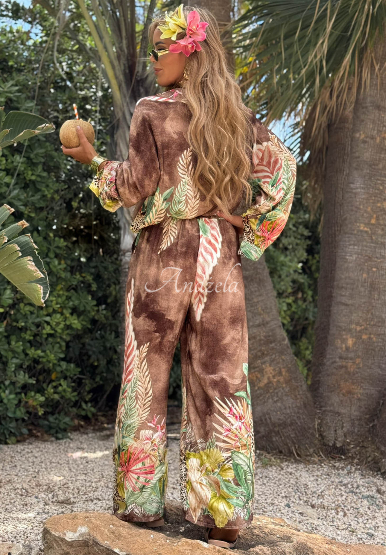 Gemustertes Set aus Viskose Hemd und Hose wide leg Lamparti Schokoladenbraun