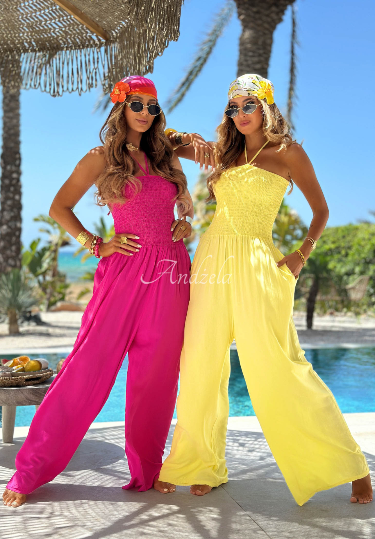 Langer Viskose-Overall wide leg und Bindeband Amalfi Paradise Fuchsia
