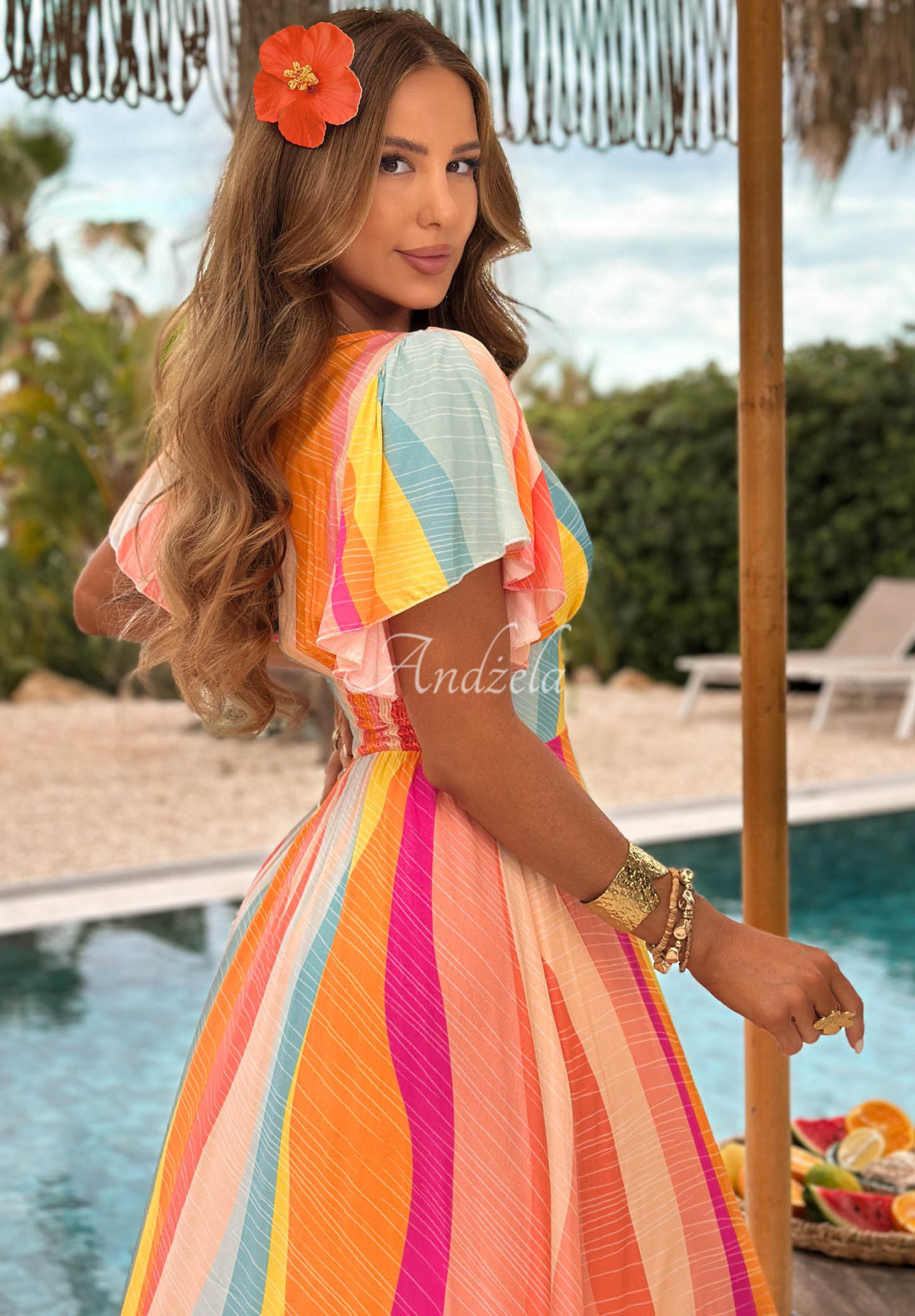Maxikleid aus Viskose mit bunten Mustern Sunny Rainbow orange-rosa