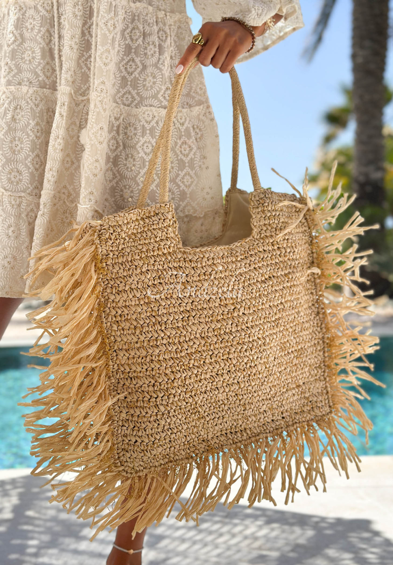 Geflochtene Tasche mit Fransen Sunlit Weave Beige