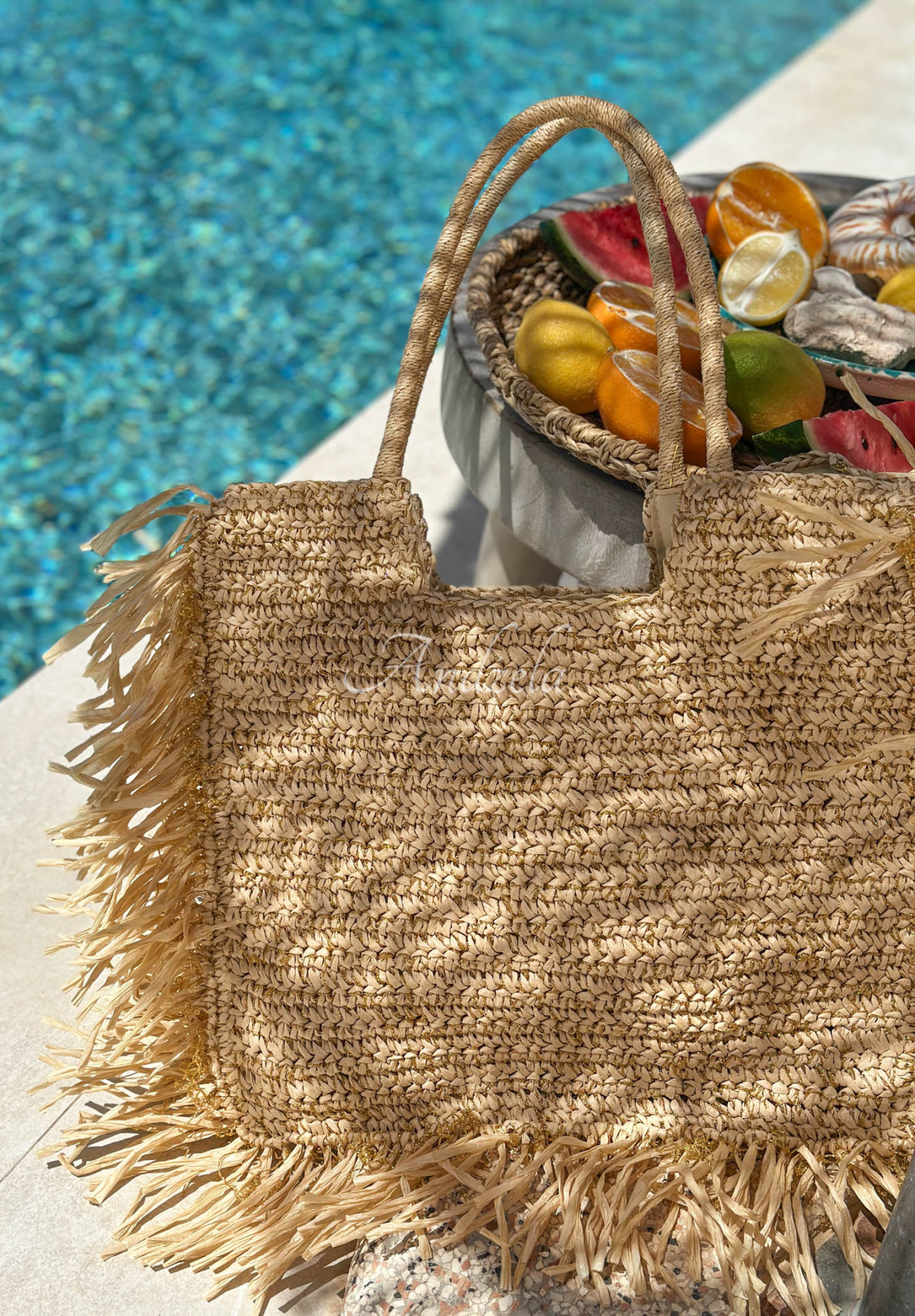 Geflochtene Tasche mit Fransen Sunlit Weave Beige