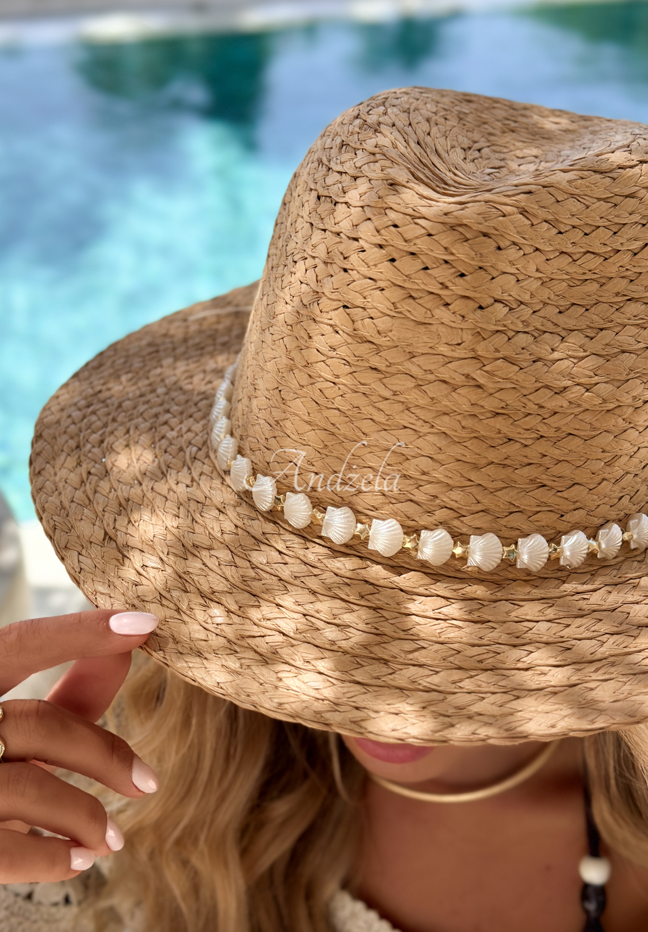 Geflochtener Hut mit Muscheln Bright Sun Beige