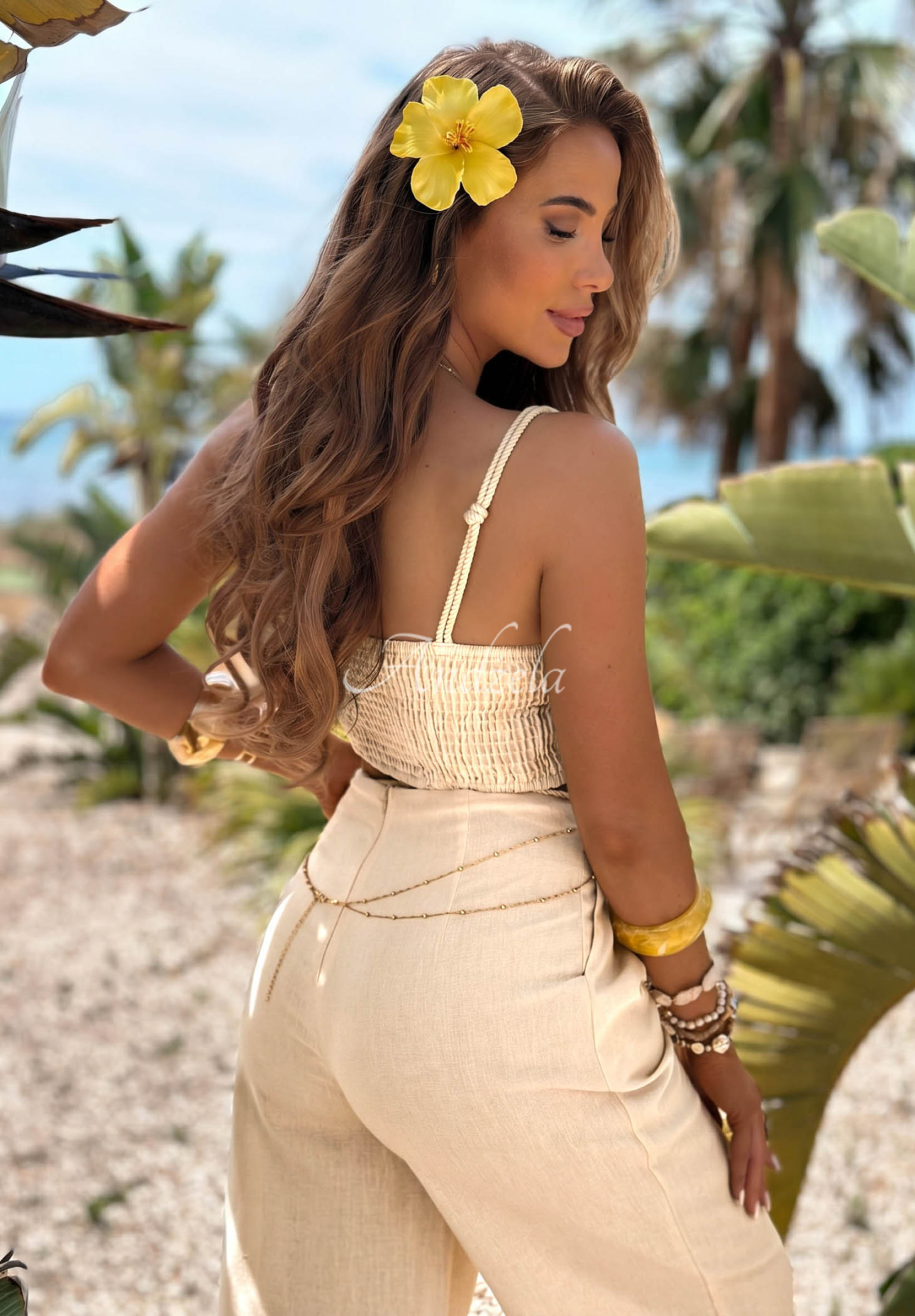 Set Top und Hose wide leg mit geflochtener Applikation Palm Mirage hellbeige