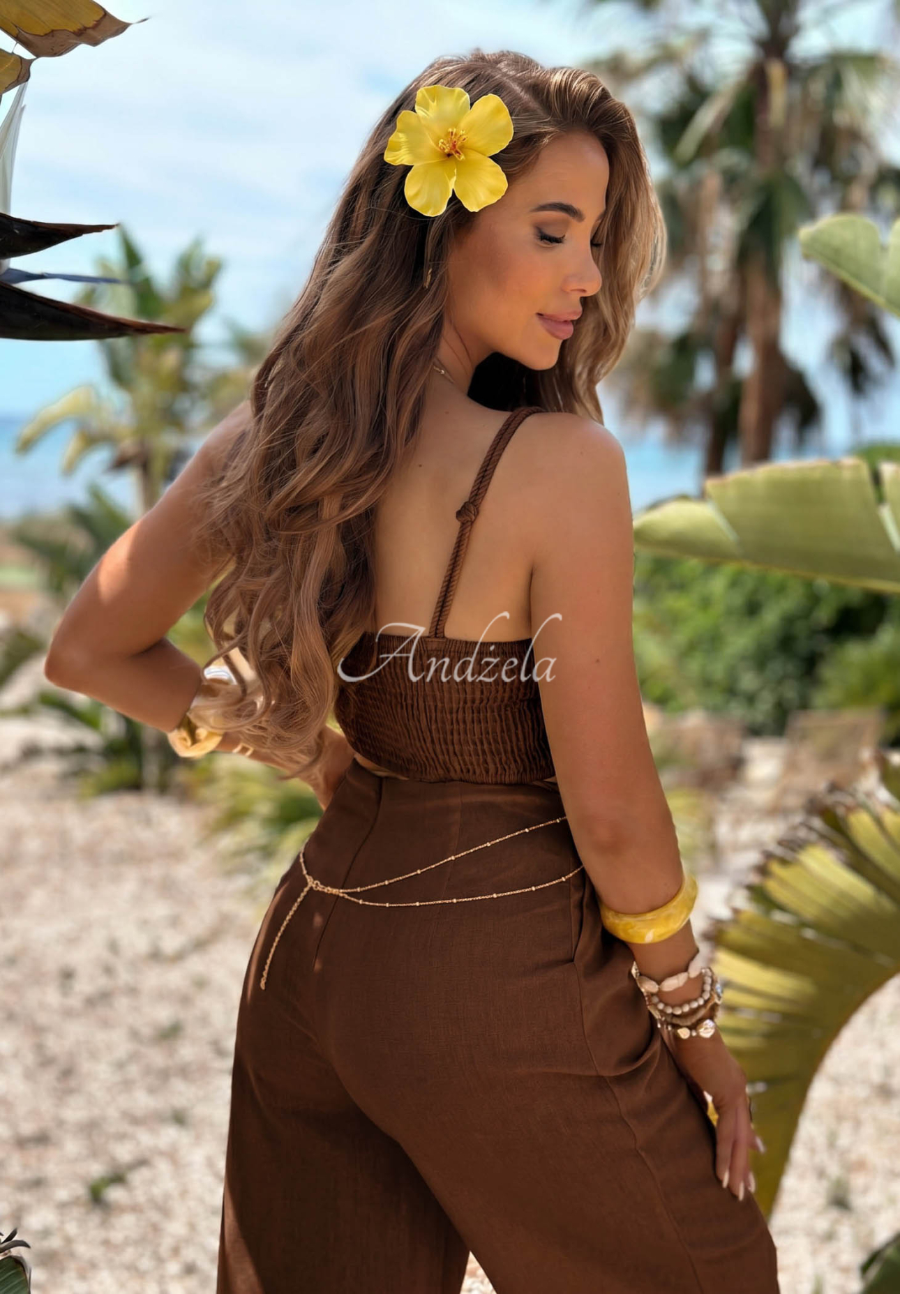 Set Top und Hose wide leg mit geflochtener Applikation Palm Mirage Schokoladenbraun