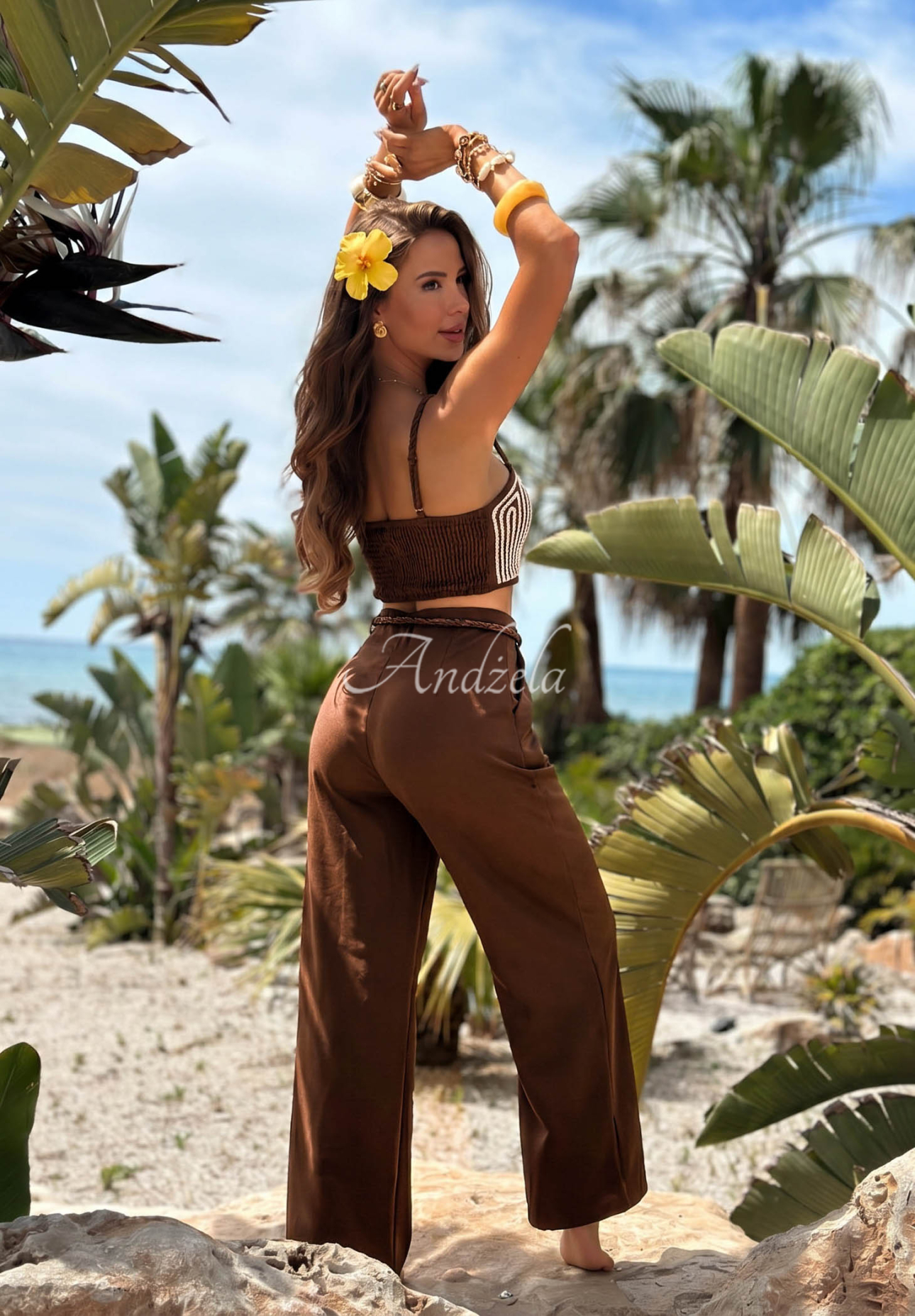 Set Top und Hose wide leg mit geflochtener Applikation Palm Mirage Schokoladenbraun