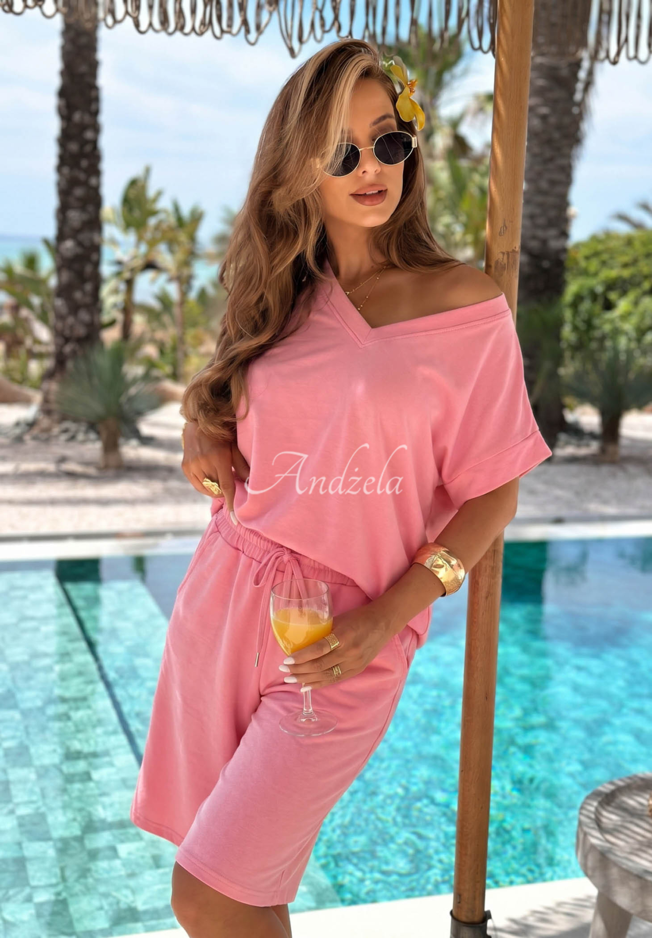 baumwollset T-Shirt mit Ausschnitt und kurze Jogginghose Manella Rosa