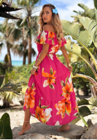 Kwiecista sukienka Kleid im spanischen Stil maxi z falbankami Florissa Fuchsia