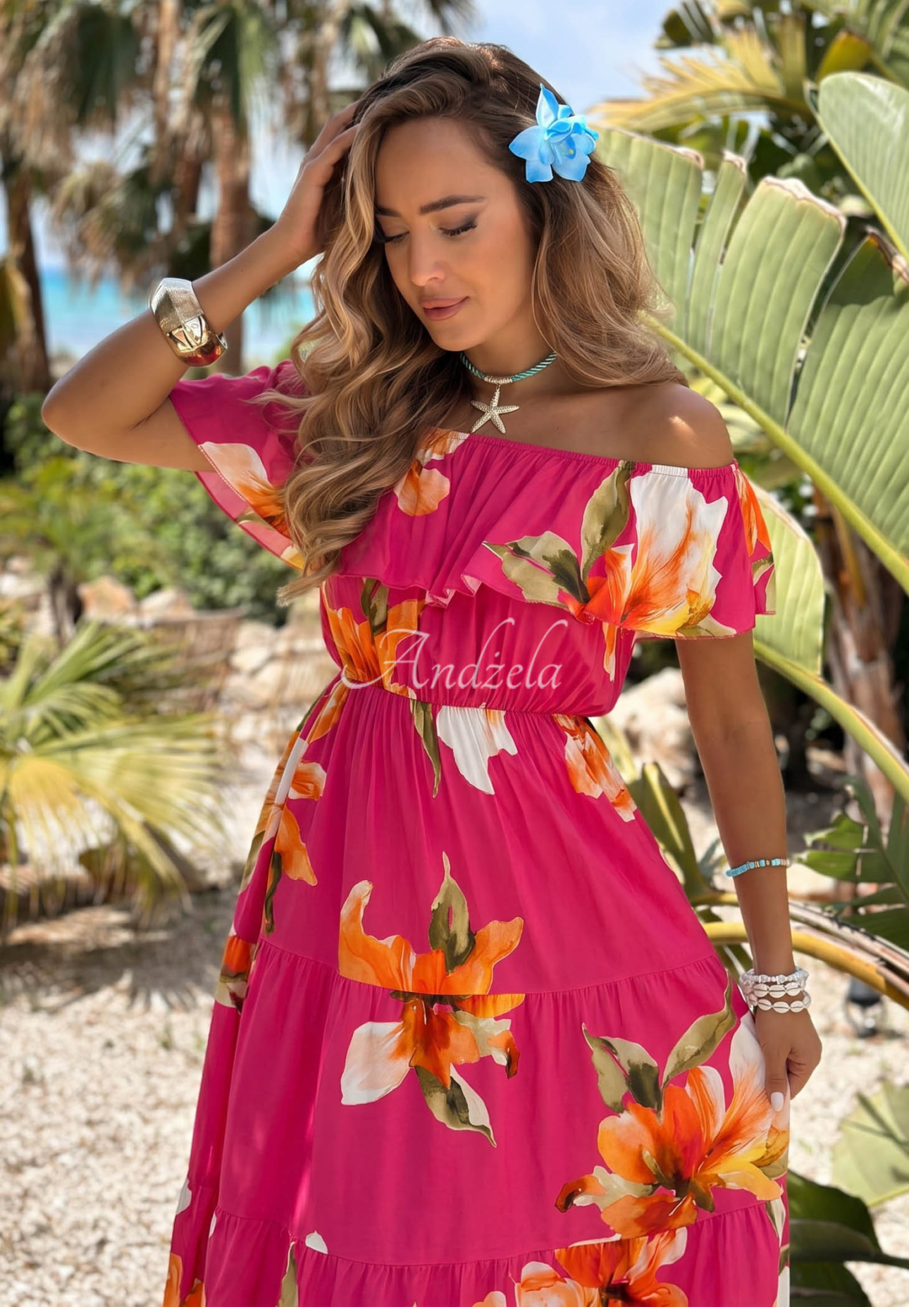 Offshoulder Maxikleid aus Viskose mit Blumenmuster und Rüschen Florissa Fuchsia