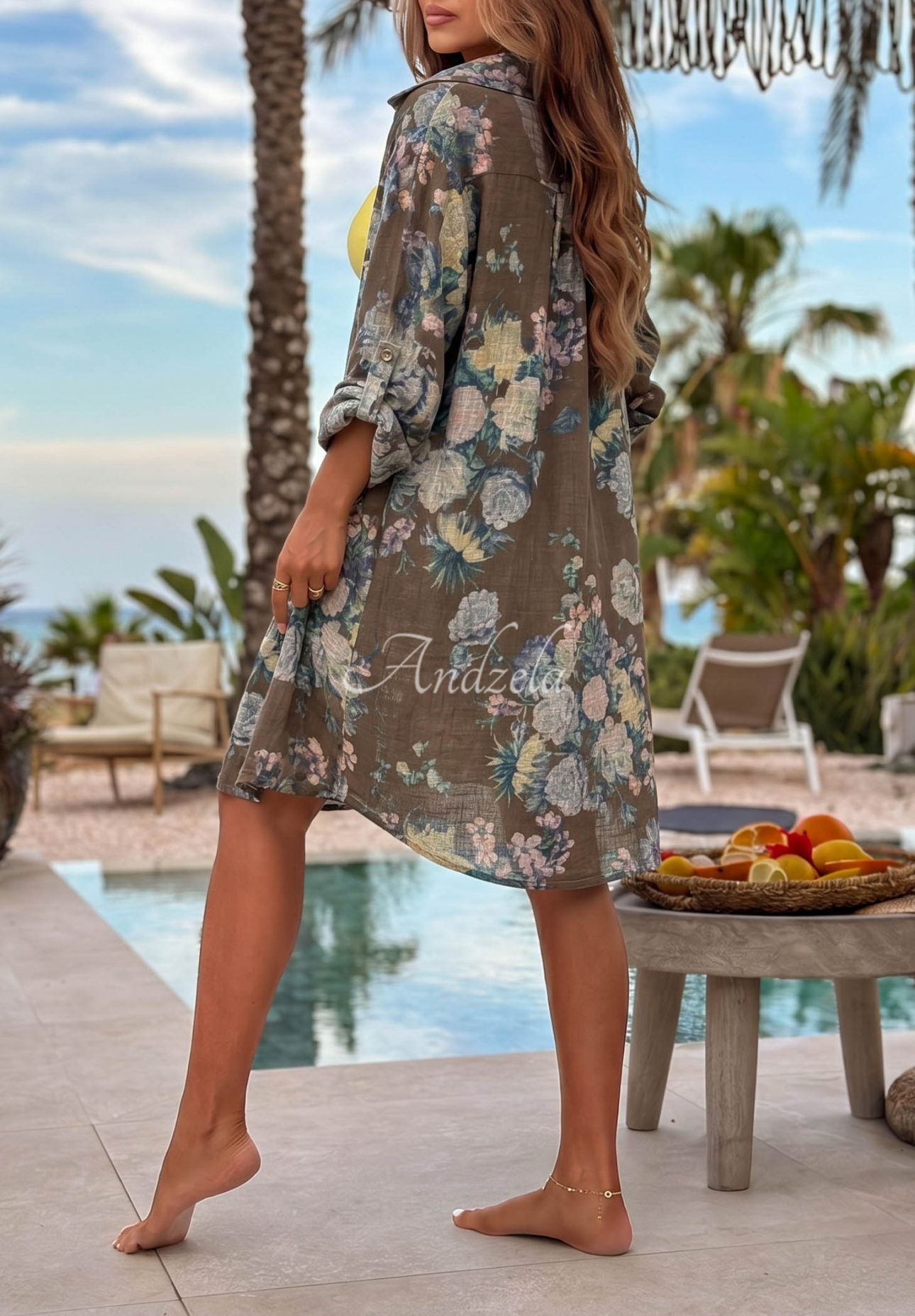 Langes Baumwollhemd mit Blumenmuster Summer Bloom Schokoladenbraun