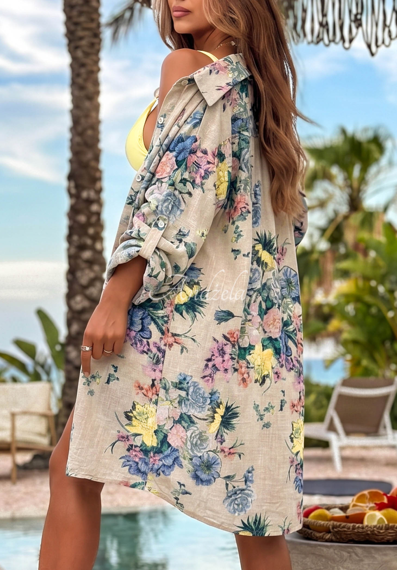 Langes Baumwollhemd mit Blumenmuster Summer Bloom Beige