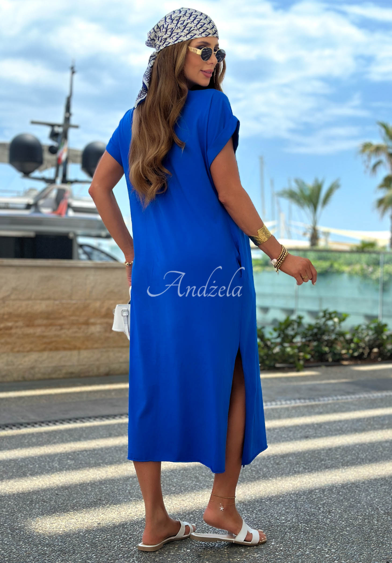 Midi-Kleid aus Baumwolle mit Schlitz Sea Sailing Kobaltblau