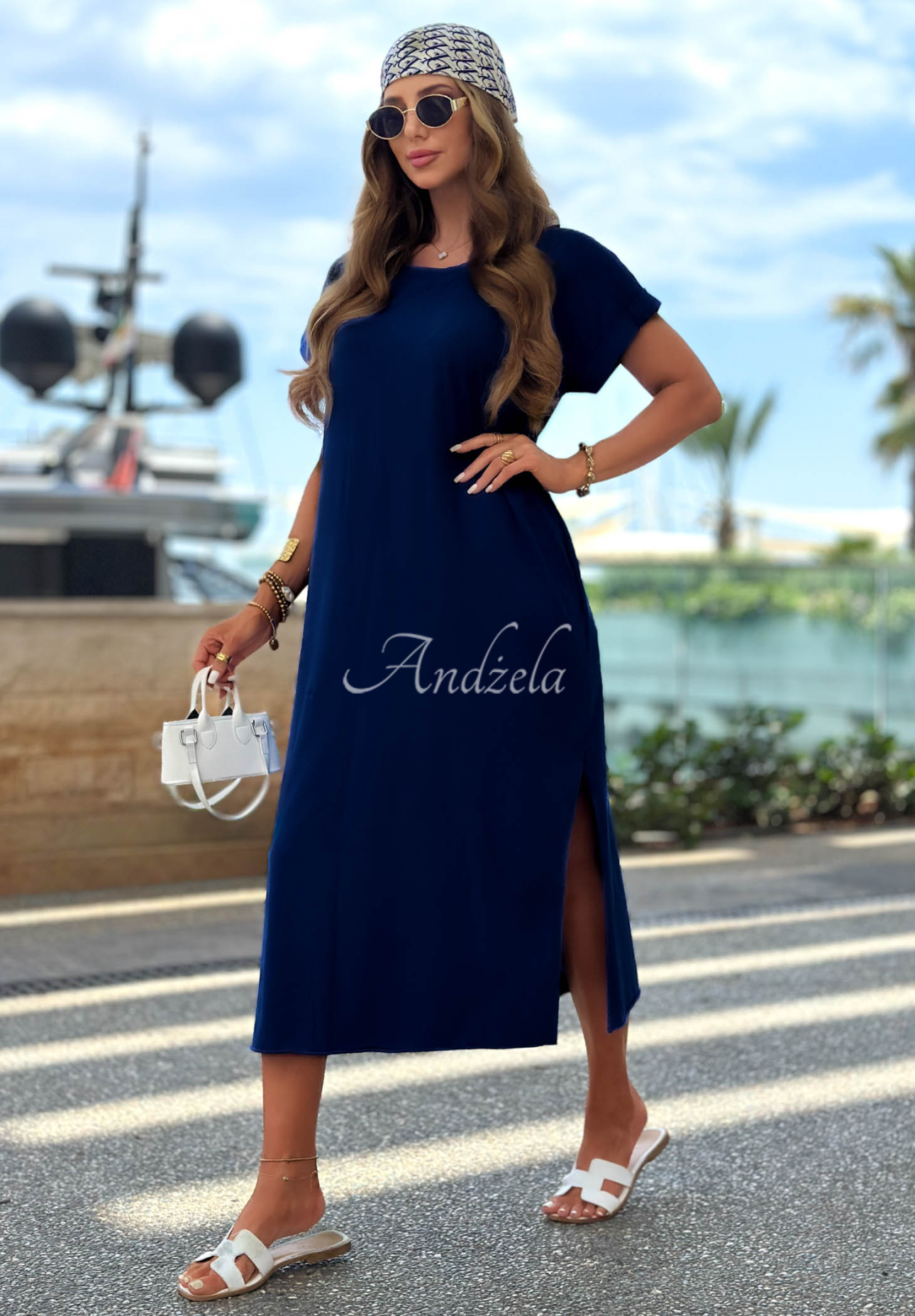 Midi-Kleid aus Baumwolle mit Schlitz Sea Sailing Dunkelblau