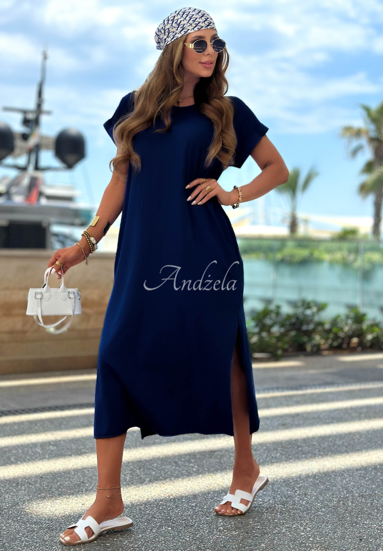 Midi-Kleid aus Baumwolle mit Schlitz Sea Sailing Dunkelblau