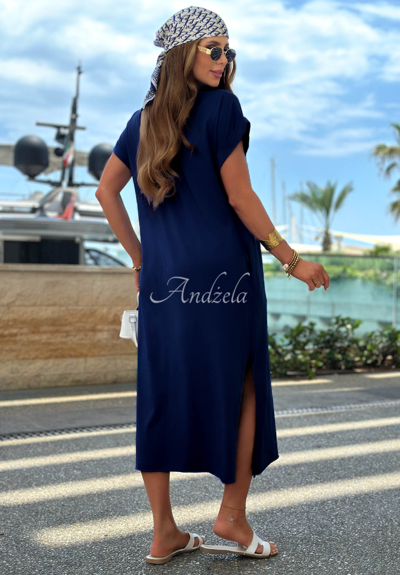 Midi-Kleid aus Baumwolle mit Schlitz Sea Sailing Dunkelblau
