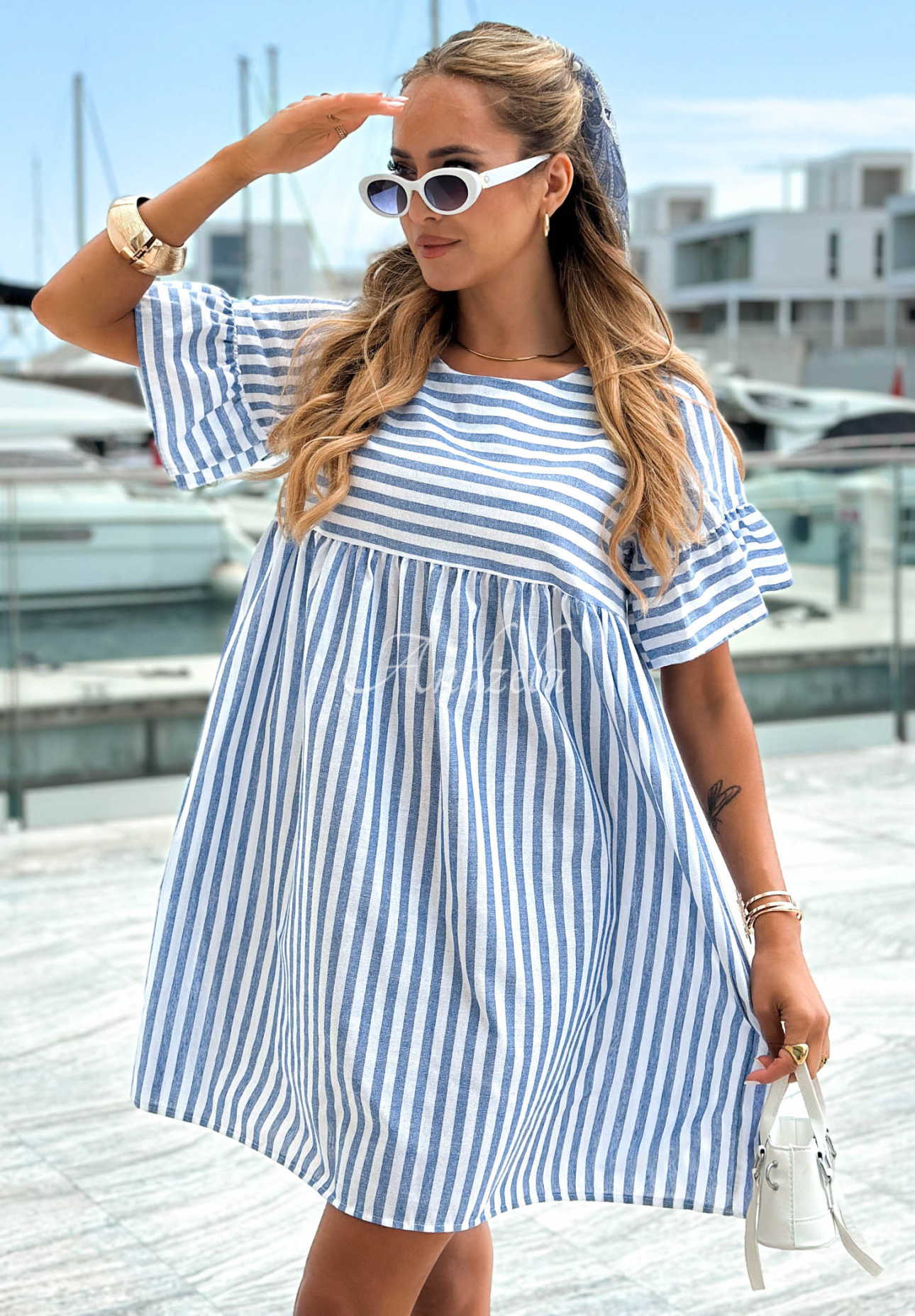 Gestreiftes Minikleid aus Baumwolle Ocean Crest Weiß-Blau