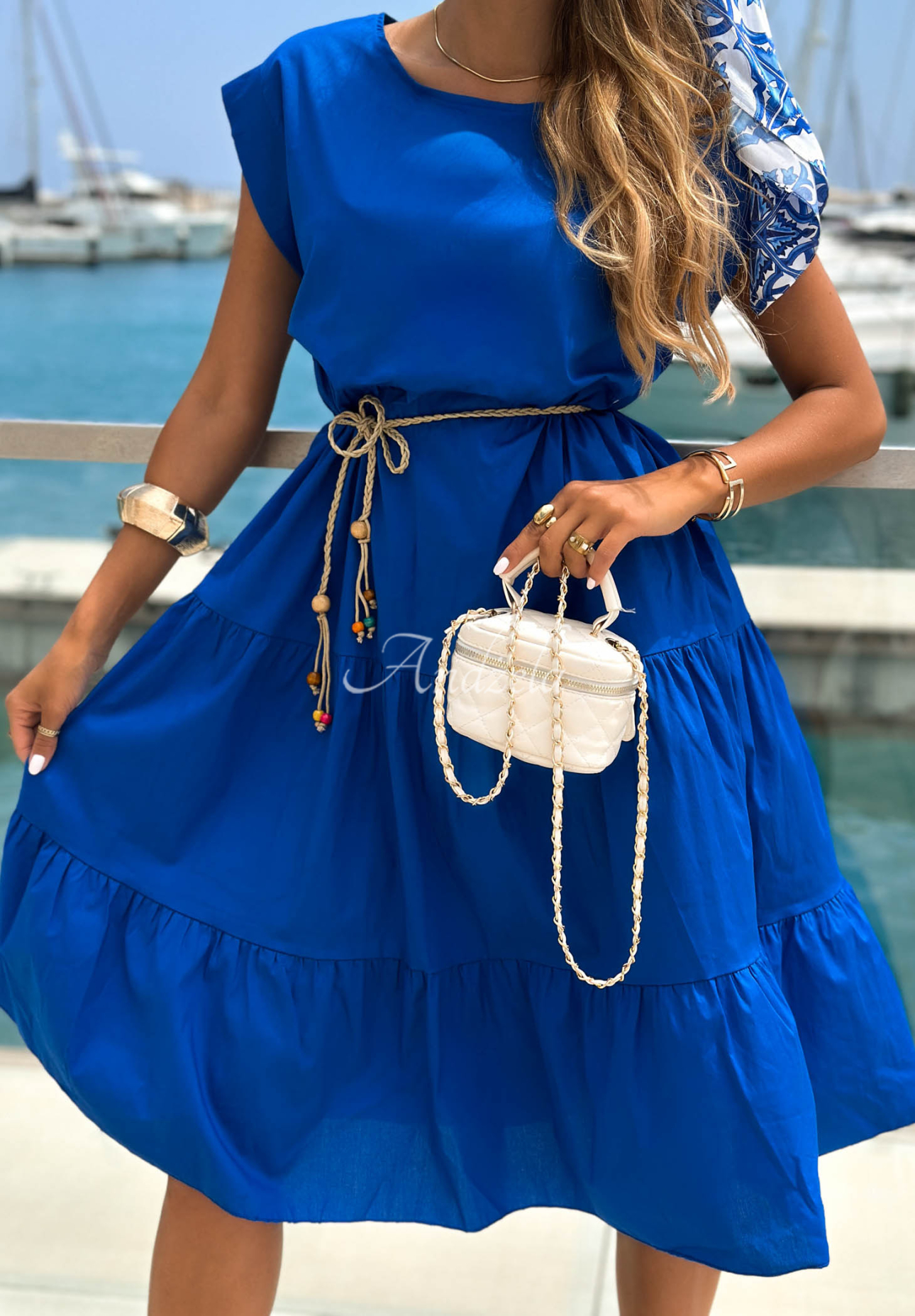 Baumwollkleid mit Rüschen und Gürtel Marina Royale Kobaltblau