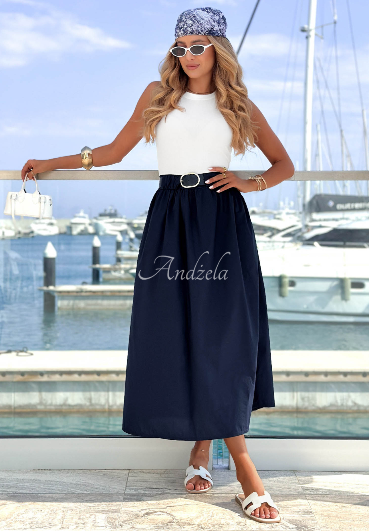 Trägerkleid mit Gürtel Sun Sailing Weiß-Marineblau