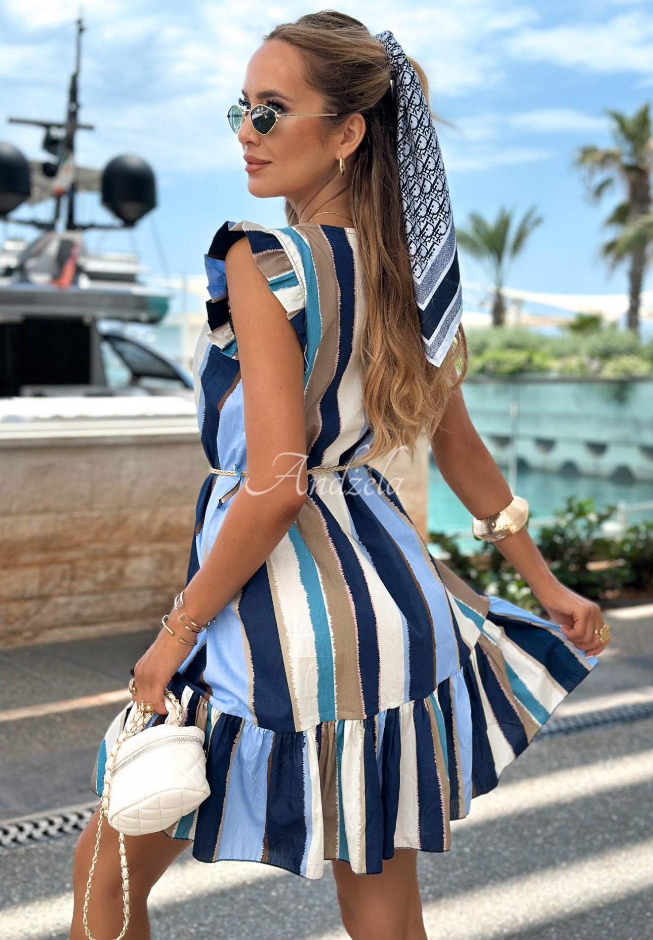 Baumwollkleid mit gestreiften Rüschen Sea Ventures Marineblau-beige