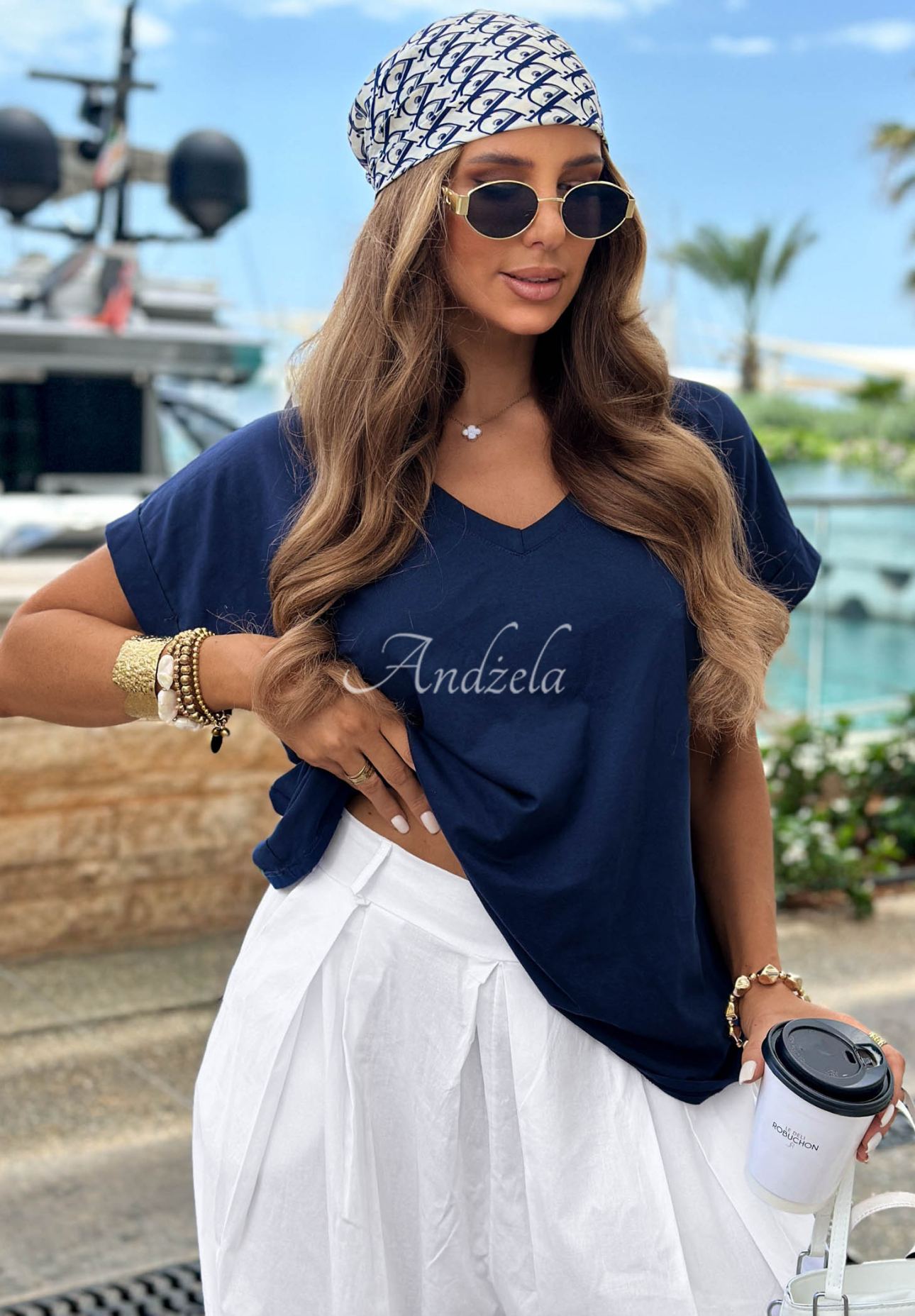 Baumwoll-T-Shirt mit V-Ausschnitt Sea Sailing Dunkelblau