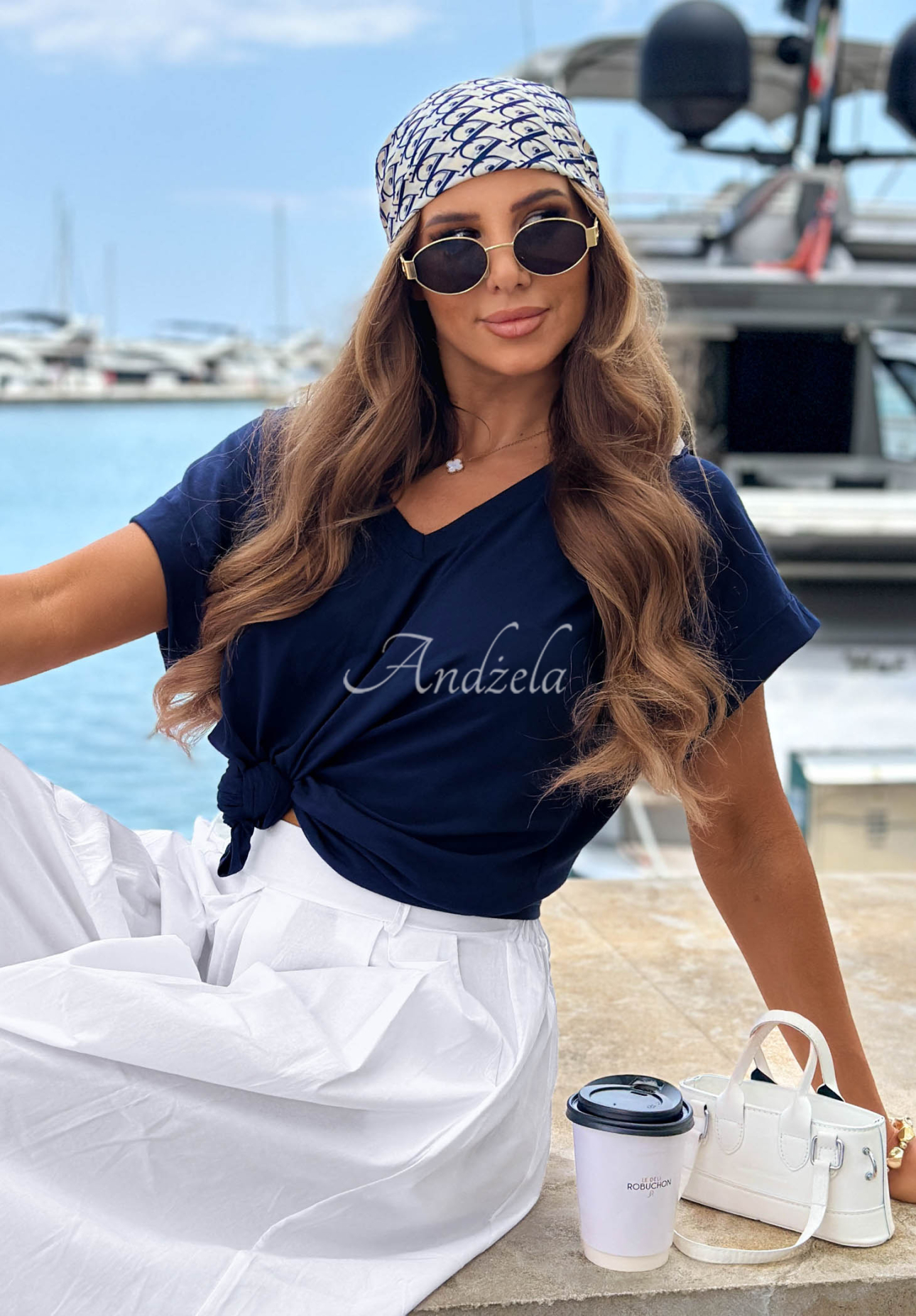Baumwoll-T-Shirt mit V-Ausschnitt Sea Sailing Dunkelblau