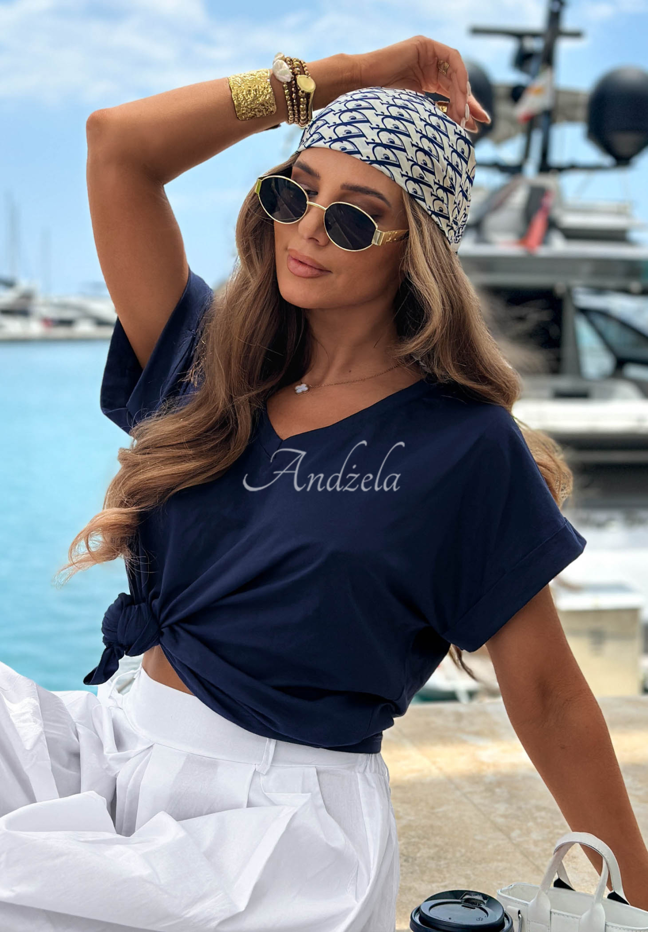 Baumwoll-T-Shirt mit V-Ausschnitt Sea Sailing Dunkelblau
