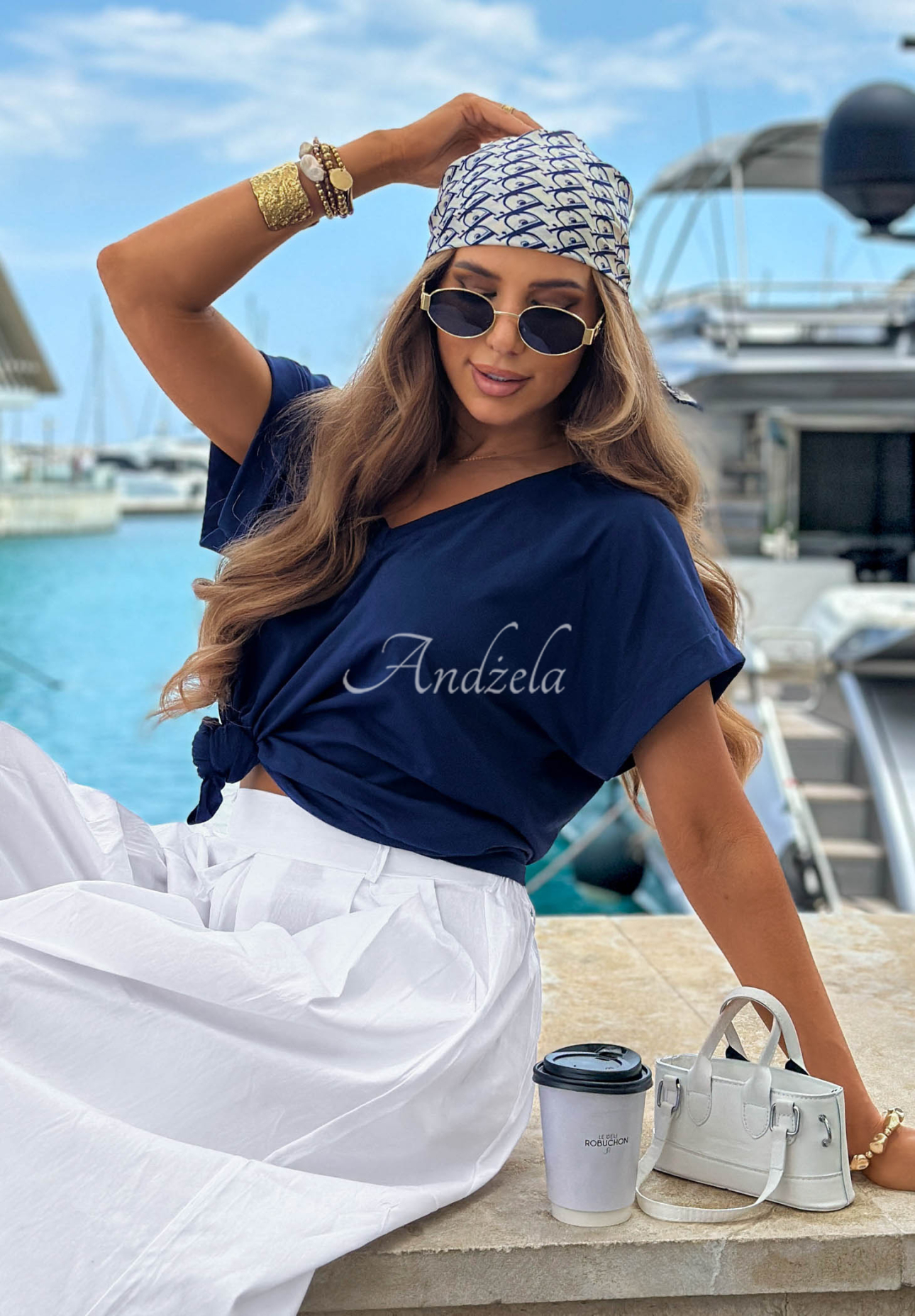 Baumwoll-T-Shirt mit V-Ausschnitt Sea Sailing Dunkelblau