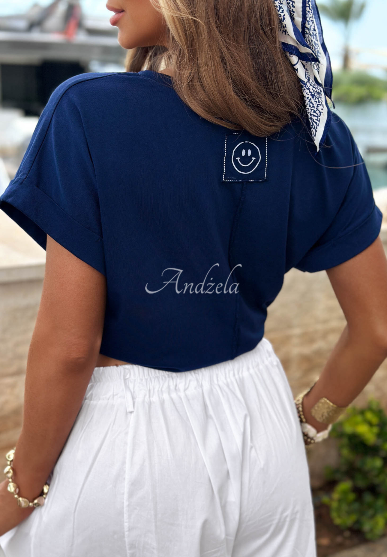Baumwoll-T-Shirt mit V-Ausschnitt Sea Sailing Dunkelblau