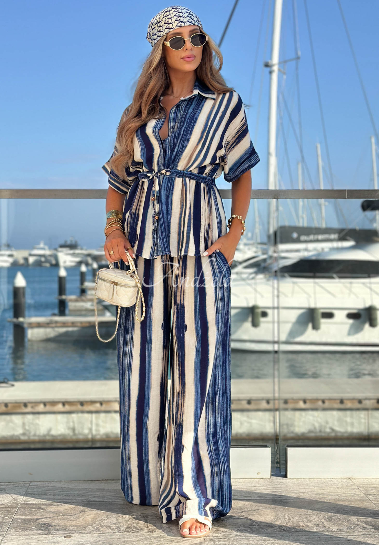 Viskose-Set Hemd und wide leg Hose mit Streifenmuster Trinidad Sun weiß-Dunkelblau