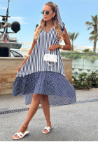 Kleid maxi w paski i Punkte z falbankami Blue Pearl biało-Dunkelblau