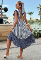 Kleid maxi w paski i Punkte z falbankami Blue Pearl biało-Dunkelblau