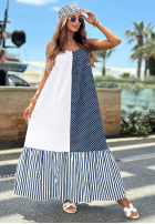 Baumwollkleid mit Trägern, Streifen und Punkten Blue Pearl weiß-dunkelblau