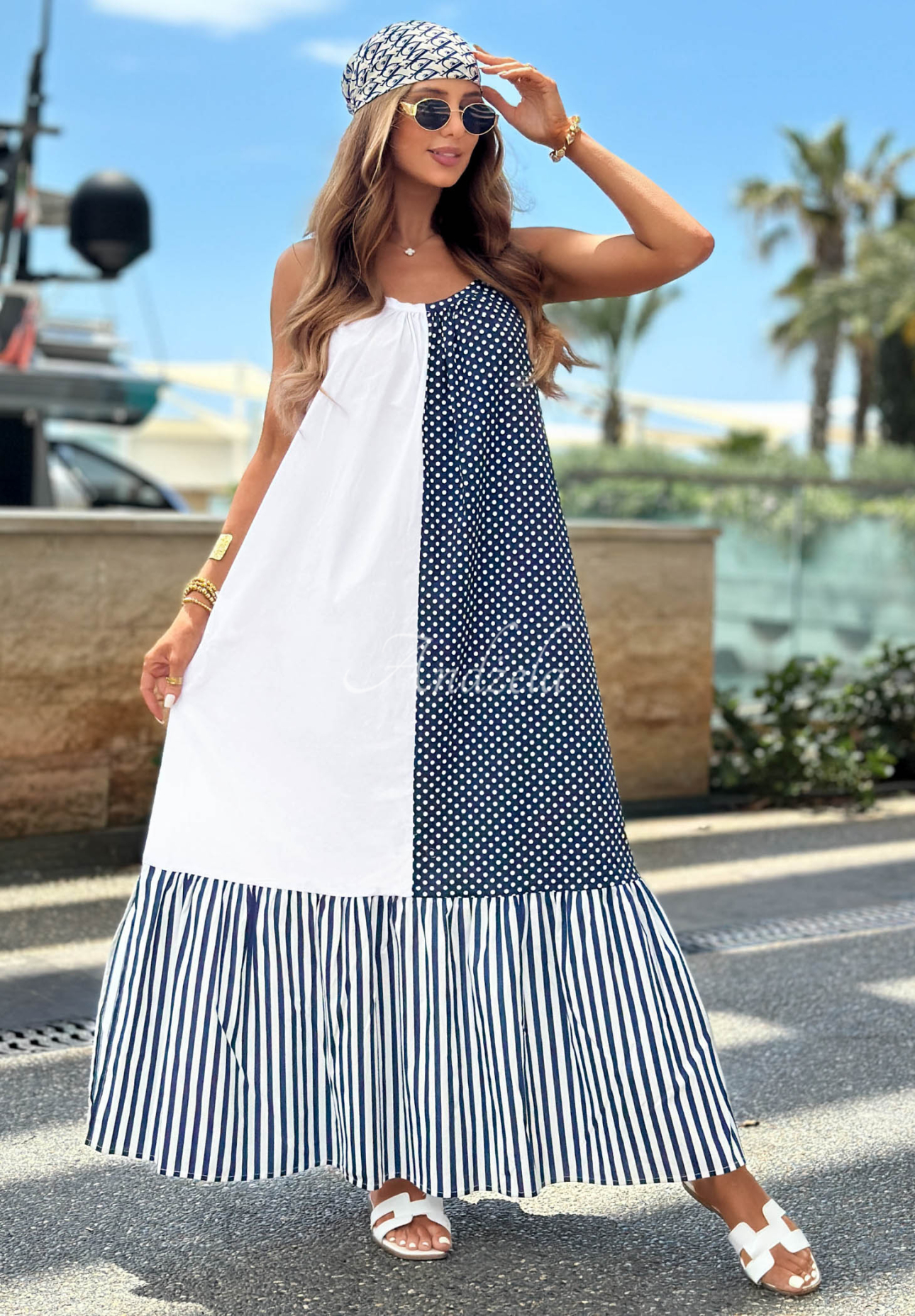 Baumwollkleid mit Trägern, Streifen und Punkten Blue Pearl weiß-dunkelblau