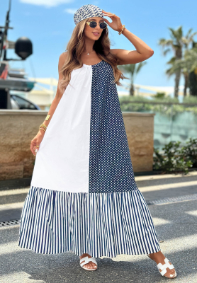 Baumwollkleid mit Trägern, Streifen und Punkten Blue Pearl weiß-dunkelblau