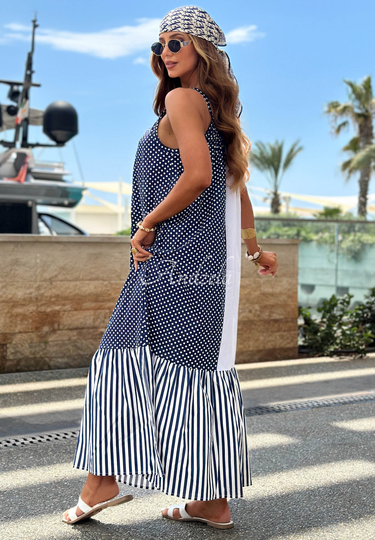 Baumwollkleid mit Trägern, Streifen und Punkten Blue Pearl weiß-dunkelblau