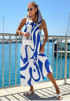 Maxikleid aus Viskose mit Trägern und Muster Yacht Club Weiß-Kobaltblau