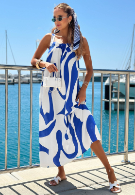 Maxikleid aus Viskose mit Tr&auml;gern und Muster Yacht Club Wei&szlig;-Kobaltblau