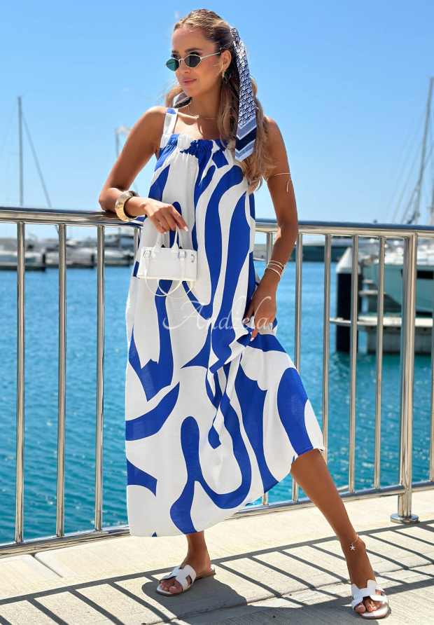 Maxikleid aus Viskose mit Tr&auml;gern und Muster Yacht Club Wei&szlig;-Kobaltblau