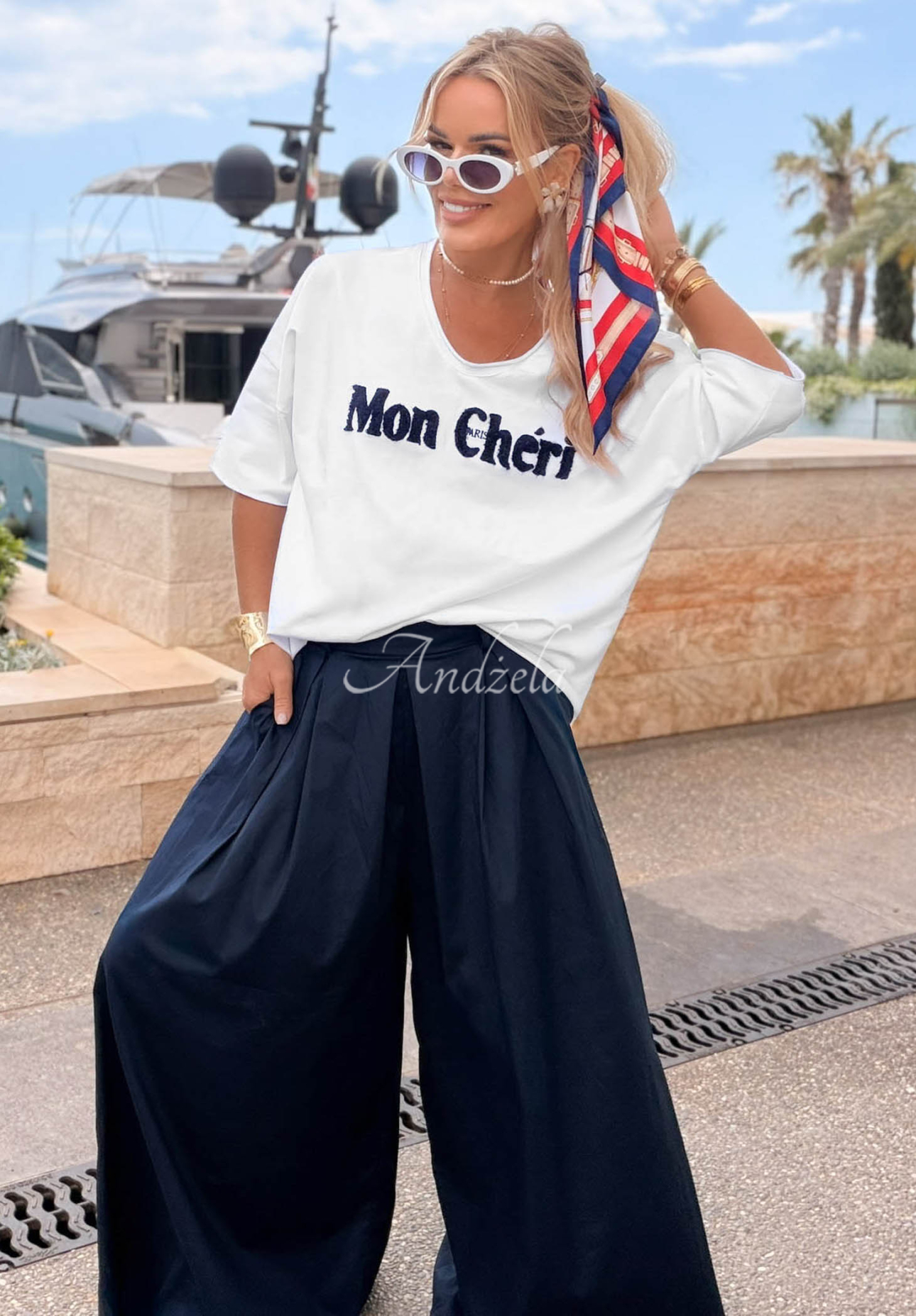 Baumwoll-T-Shirt mit Aufschrift Mon Cheri Paris Weiß-Marineblau