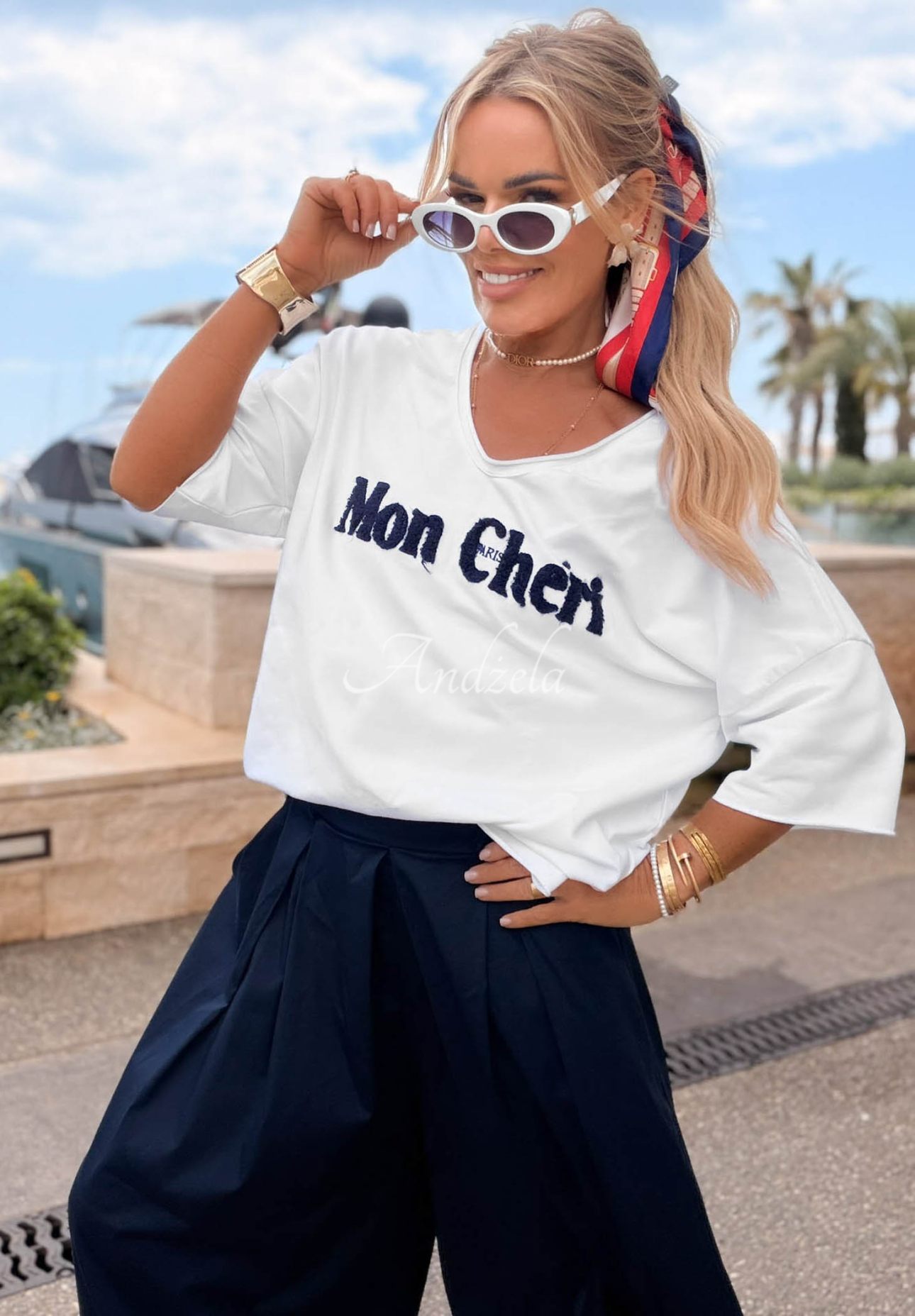 Baumwoll-T-Shirt mit Aufschrift Mon Cheri Paris Weiß-Marineblau