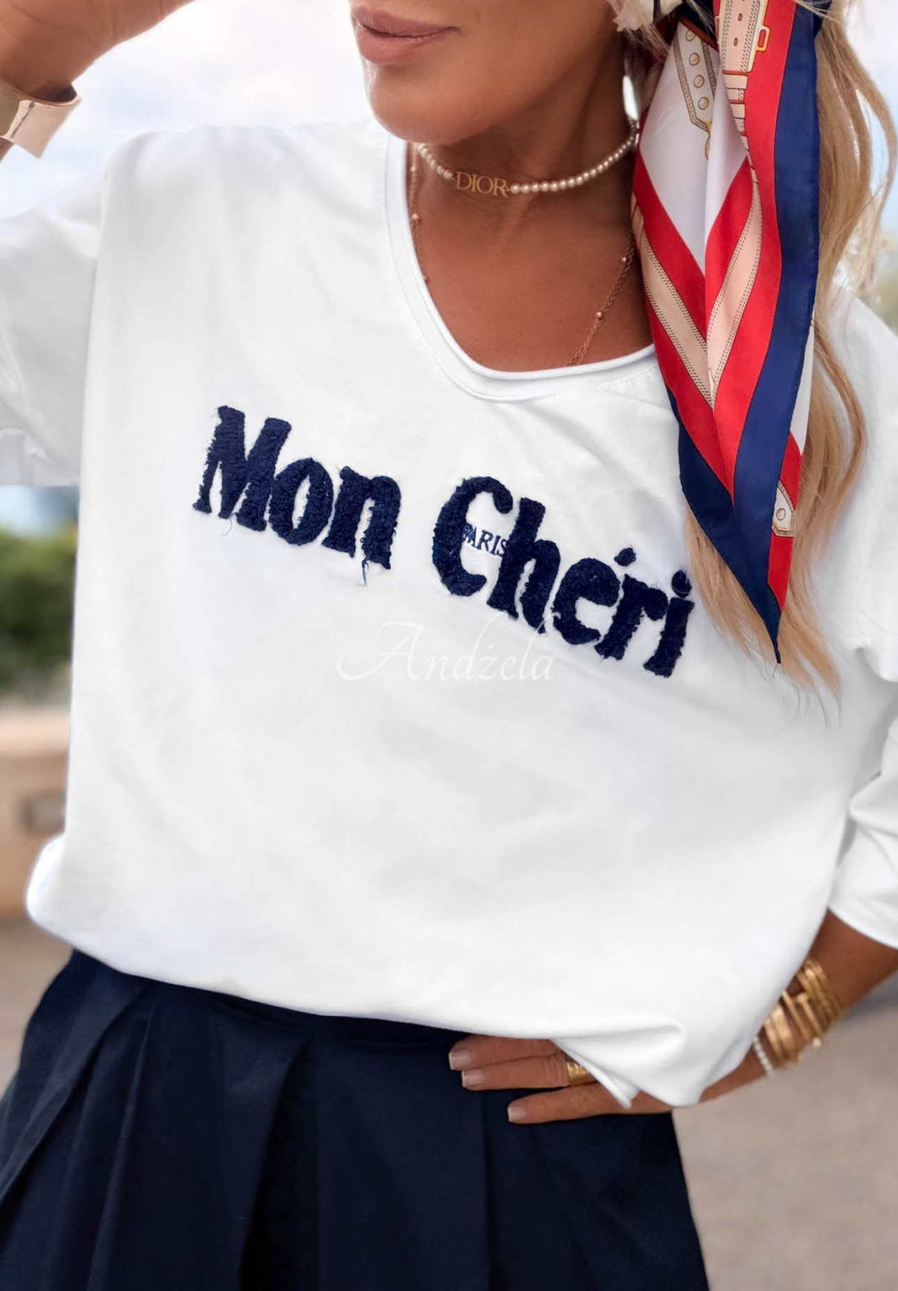 Baumwoll-T-Shirt mit Aufschrift Mon Cheri Paris Weiß-Marineblau
