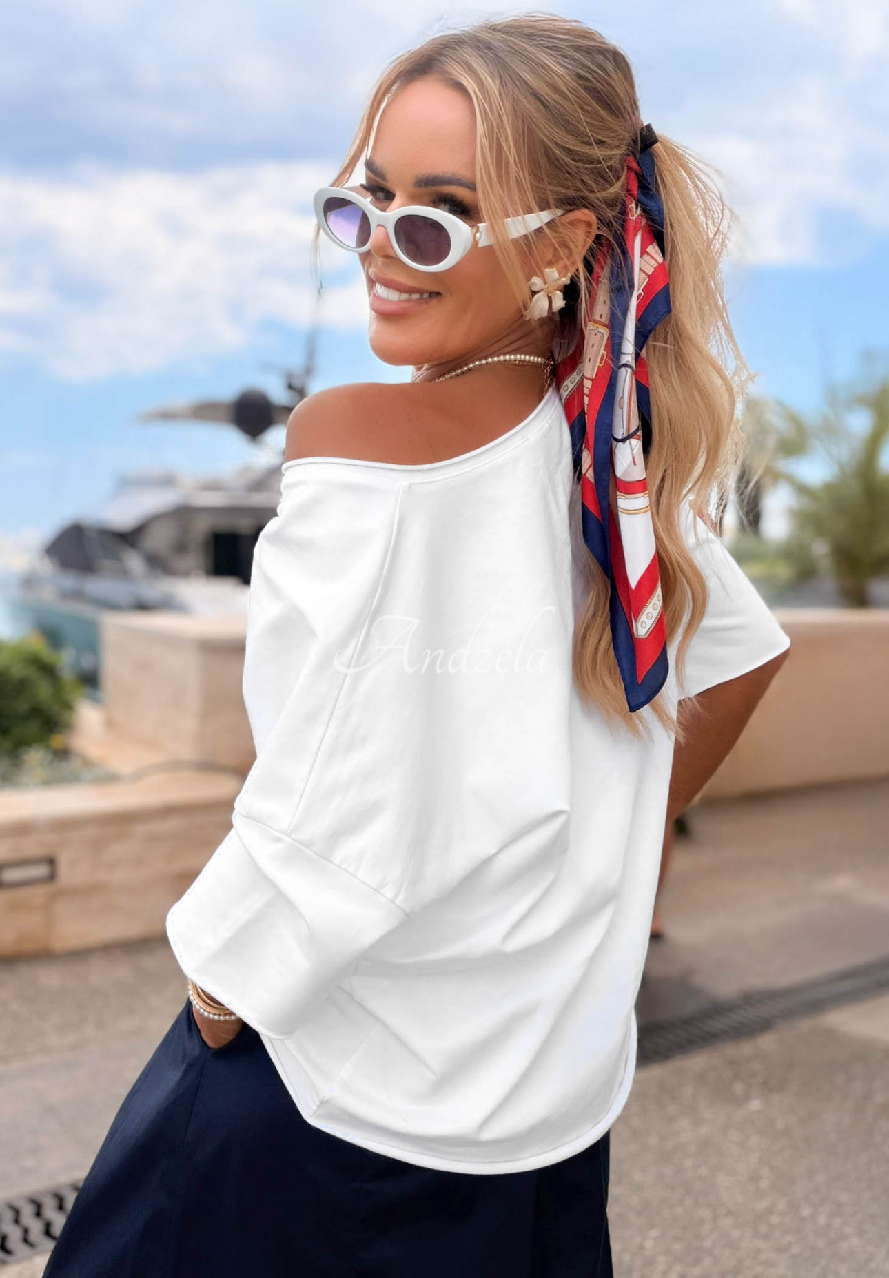 Baumwoll-T-Shirt mit Aufschrift Mon Cheri Paris Weiß-Marineblau
