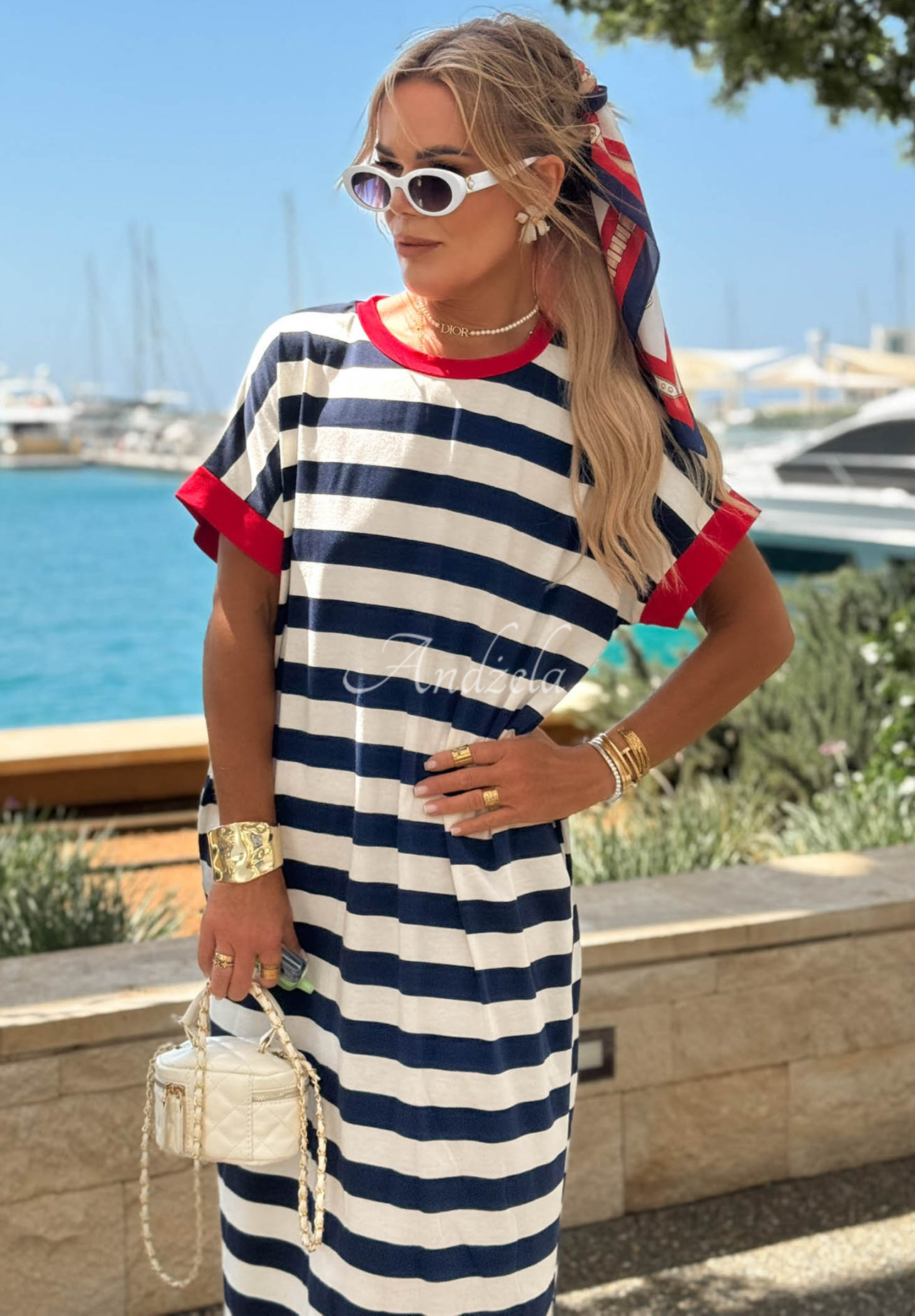 Gestreiftes Kleid mit Viskose und Baumwolle Anchor Bay weiß-dunkelblau