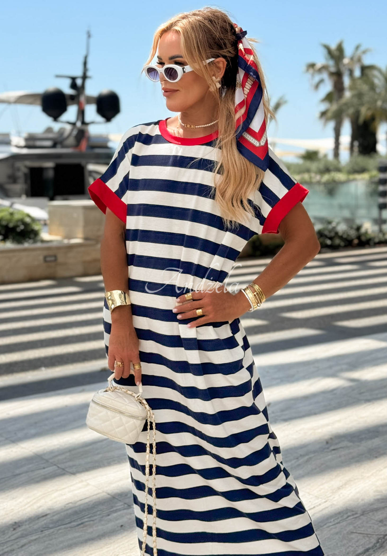 Gestreiftes Kleid mit Viskose und Baumwolle Anchor Bay weiß-dunkelblau
