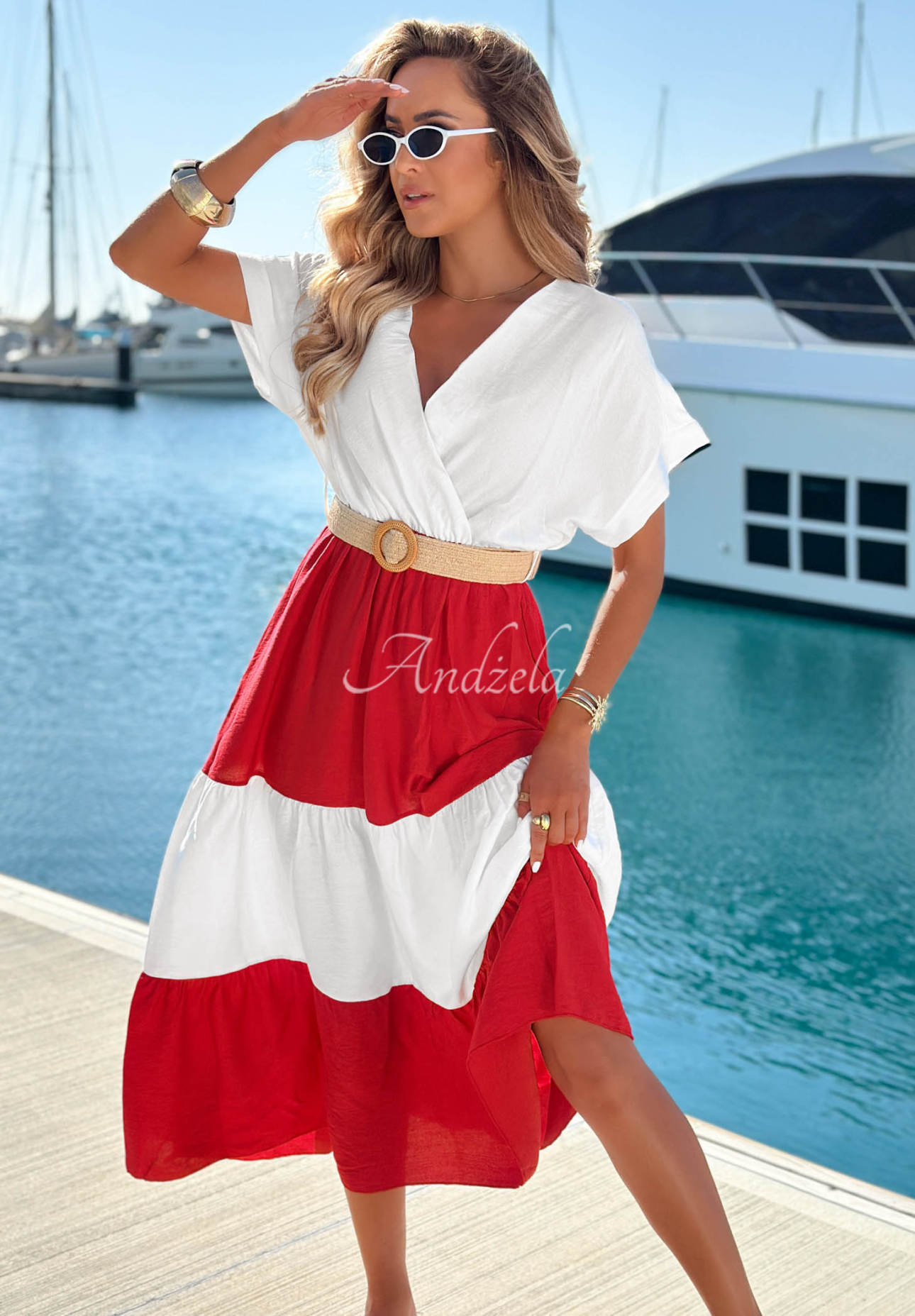 Midi-Kleid aus Viskose mit Gürtel Ocean Dream weiß-Rot