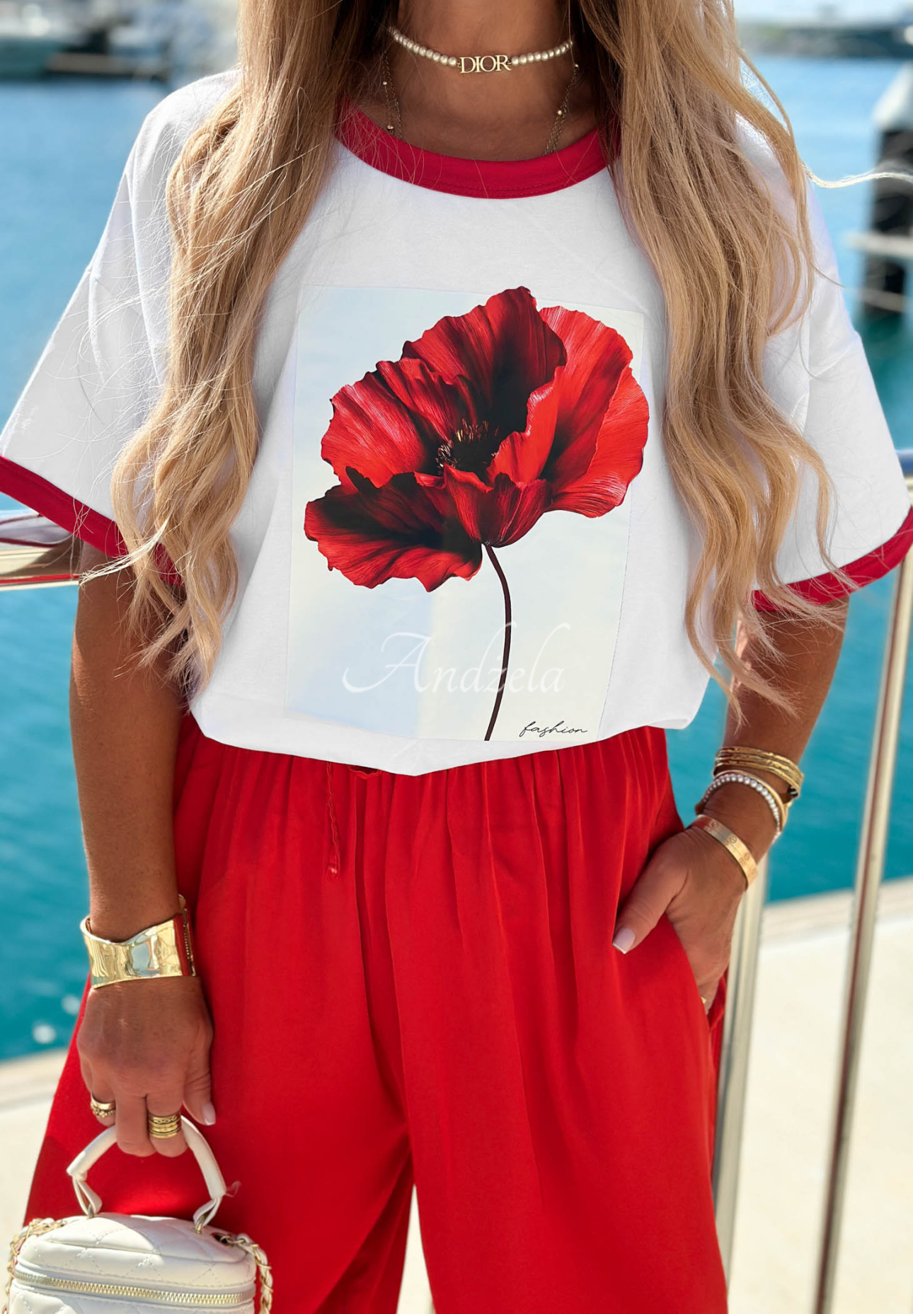 Baumwoll T-Shirt mit Aufdruck Sea Poppy Weiß-Rot