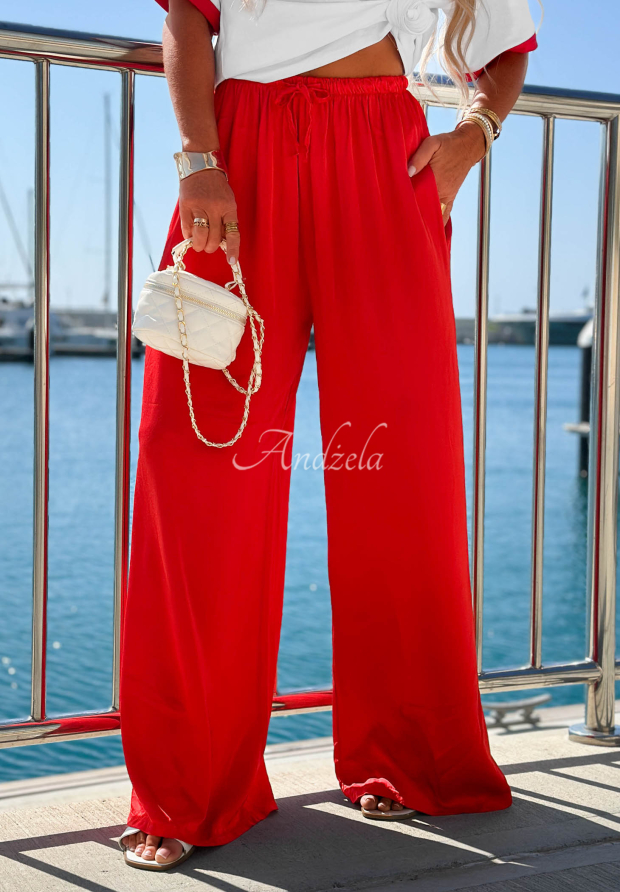 Wide-Leg Hose aus Satin-Viskose. Sea Poppy Rot
