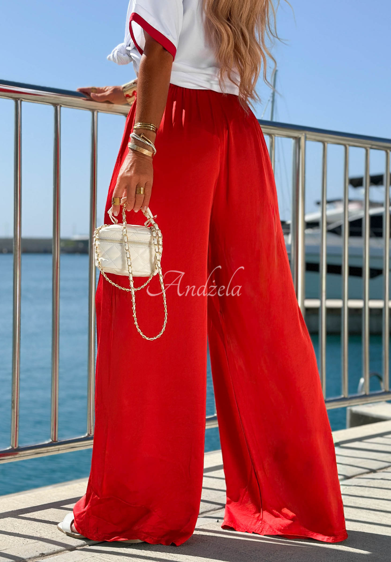 Wide-Leg Hose aus Satin-Viskose. Sea Poppy Rot