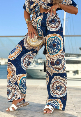 Gemusterte Satinhose mit weitem Bein Ocean Fresco Dunkelblau